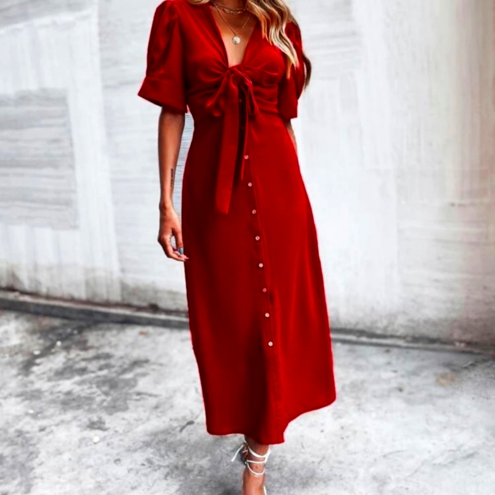 Knot front tie deep V button through dress